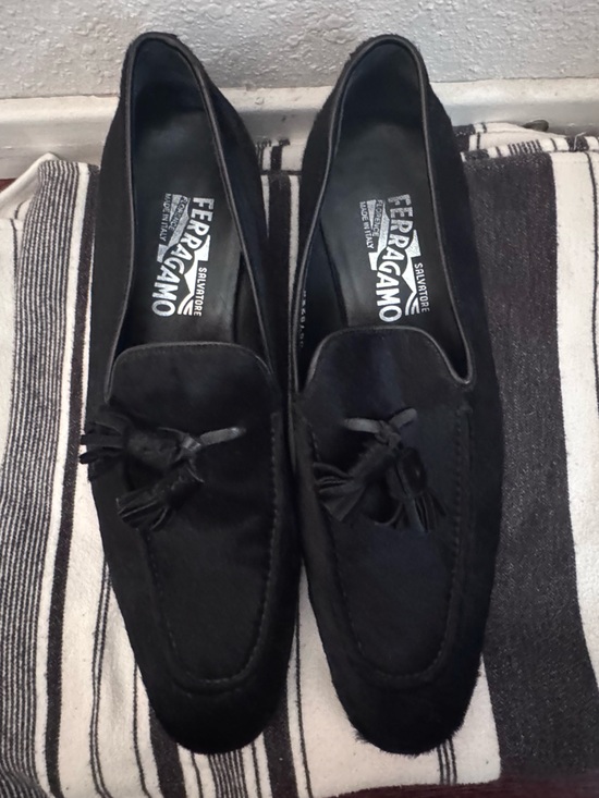 Salvatore Ferragamo Black Calf‑Hair Tassel Loafers 9.5 D
